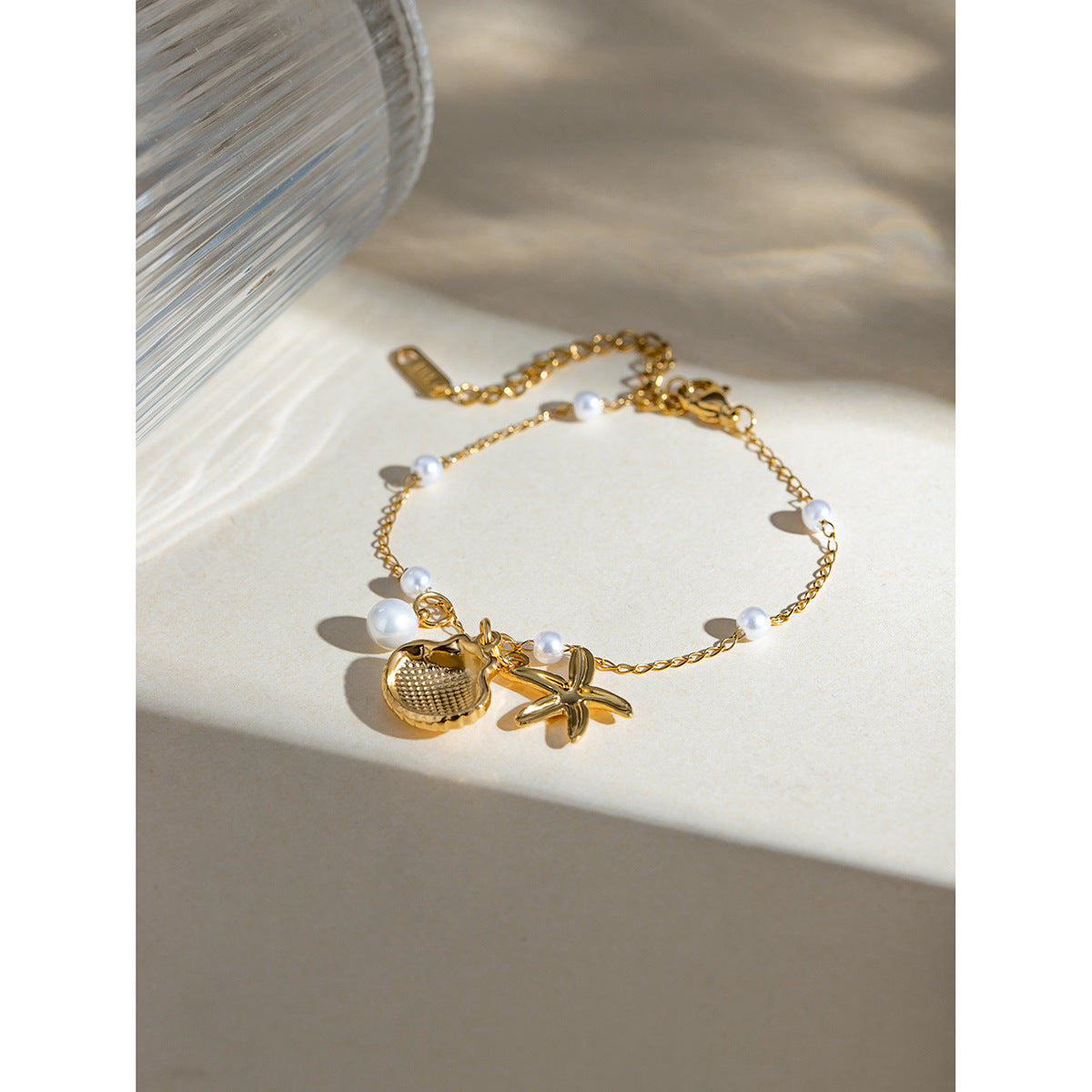 Fashion Jewelry 18K Gold Stainless Steel Pearl Chain Summer Holiday Shell Starfish Pendant Bracelet - FASHIONKULTUR