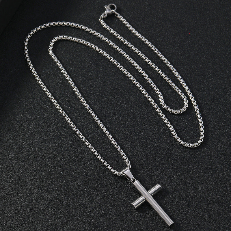 Round Large Beveled Cross Necklace Titanium Steel Men - FASHIONKULTUR