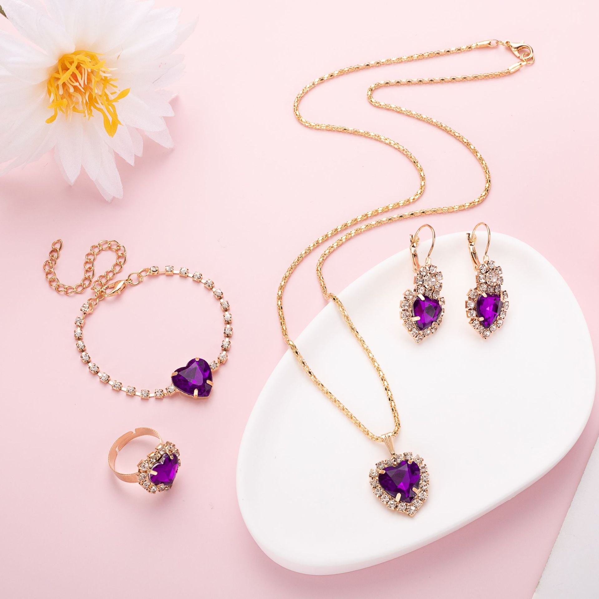 Heart Shape Rhinestone Necklace Earring Ring Bracelet 4 PCs Set - FASHIONKULTUR