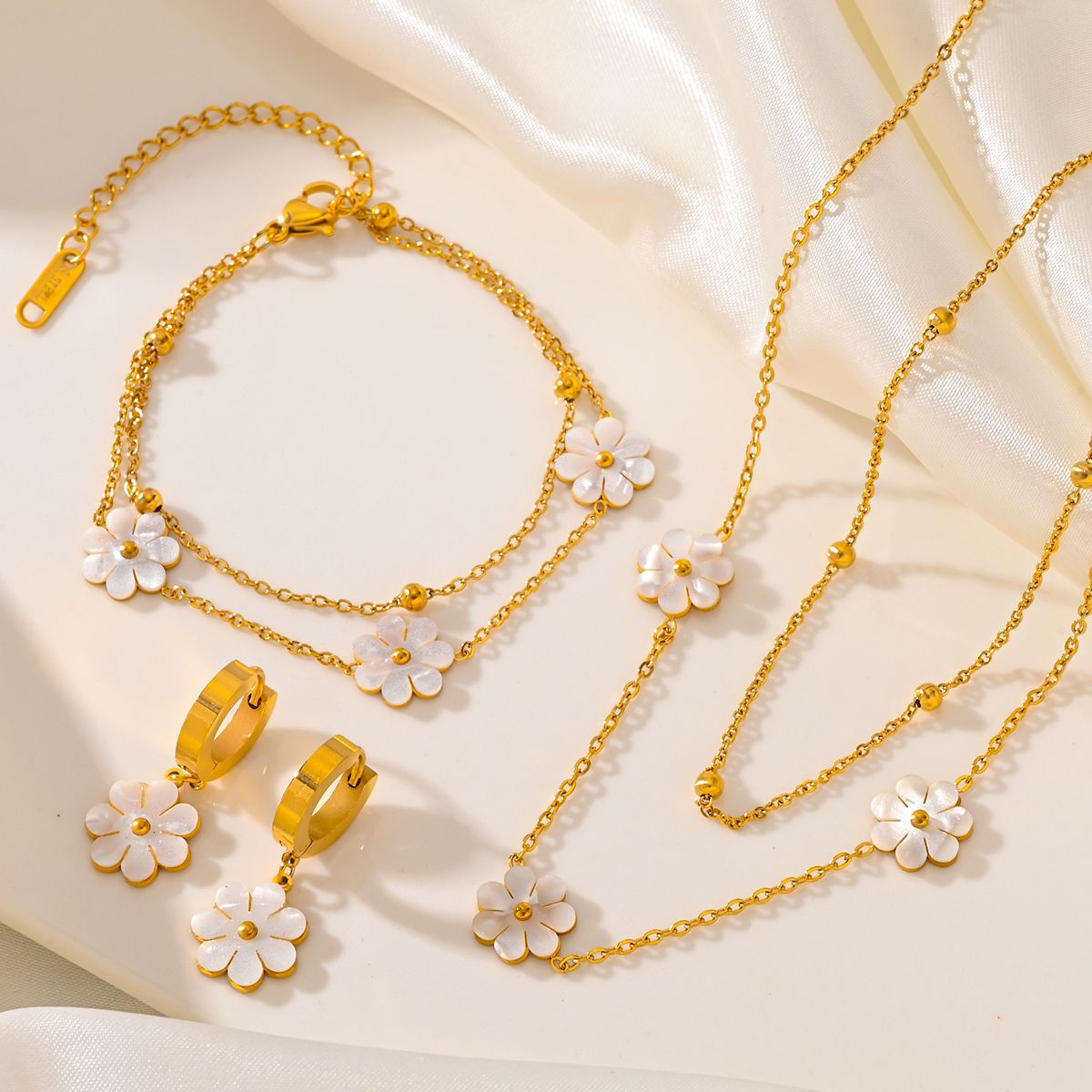 Fashion Jewelry Stainless Steel Flower DaisyFlower Necklace Double Layering Necklace Earrings Jeweley Set - FASHIONKULTUR