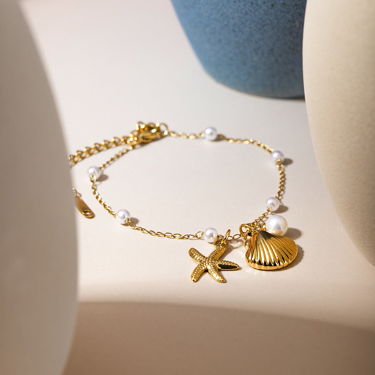 Fashion Jewelry 18K Gold Stainless Steel Pearl Chain Summer Holiday Shell Starfish Pendant Bracelet - FASHIONKULTUR