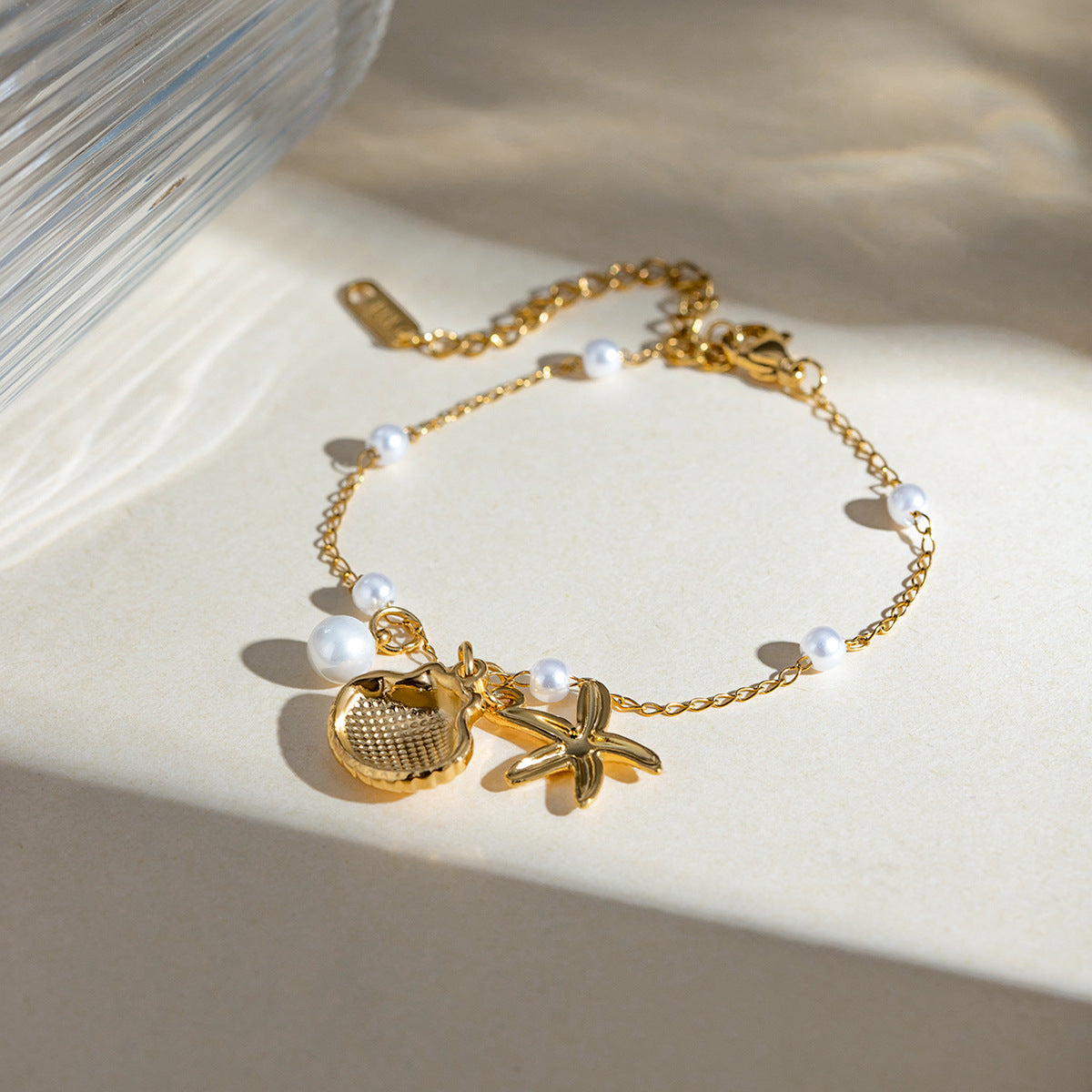 Fashion Jewelry 18K Gold Stainless Steel Pearl Chain Summer Holiday Shell Starfish Pendant Bracelet - FASHIONKULTUR