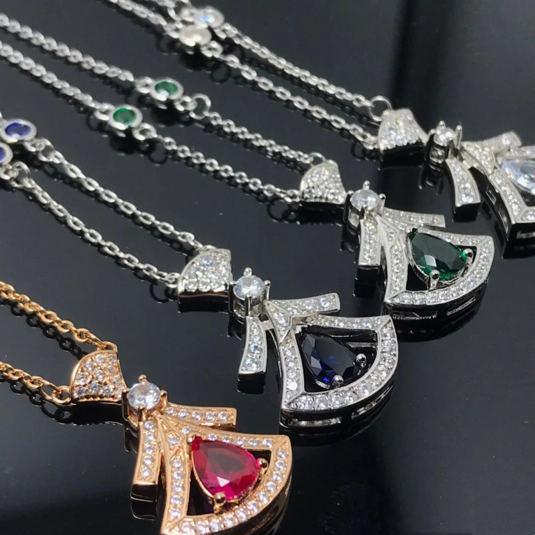 Fashionable All-match Pear-shaped Red And Blue Emerald Full Diamond Clavicle Chain - FASHIONKULTUR