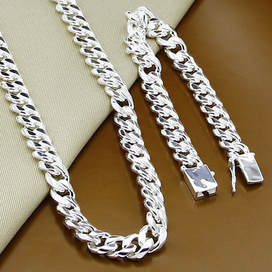 Electroplating 925 Silver 10MM Square Buckle Necklace Bracelet Set - FASHIONKULTUR