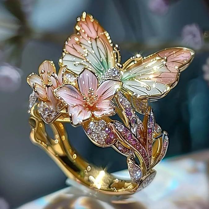 Adjustable Elegant Transparent Crystal 3D Shining Diamond Drop Oil Butterfly Flower Ring - FASHIONKULTUR