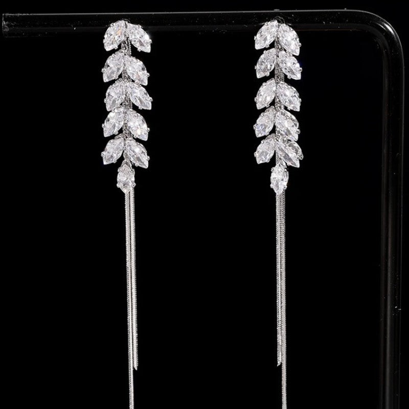 Full Rhinestone Zircon Leaves Tassel Hanging Earrings Long Earrings - FASHIONKULTUR