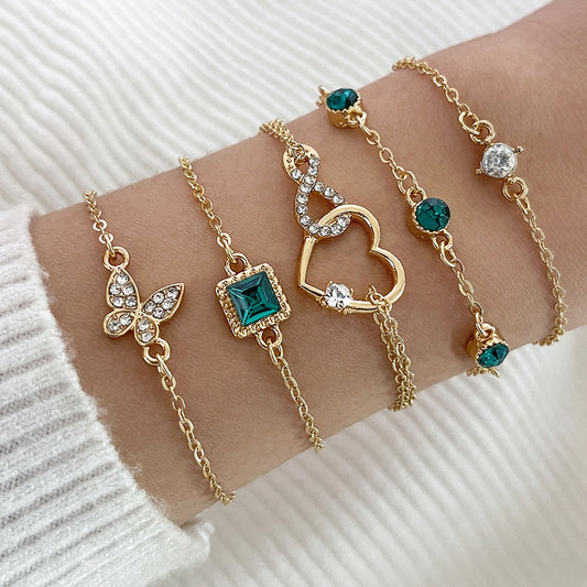 Bohemian 5pc Green Crystal Bracelets Jewelry Set For Women Heart Bracelet Wedding Engagement Bracelet Fashion Jewelry - FASHIONKULTUR