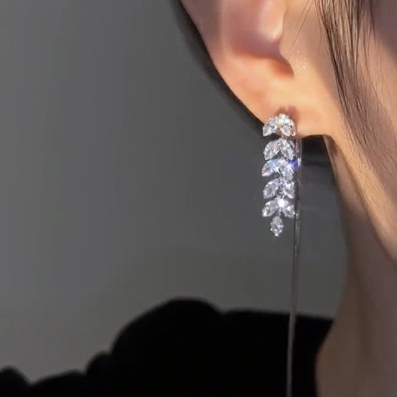 Full Rhinestone Zircon Leaves Tassel Hanging Earrings Long Earrings - FASHIONKULTUR