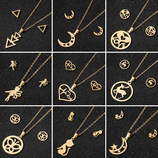 New Stainless Steel Geometric Ear Studs Collarbone Necklace Set - FASHIONKULTUR