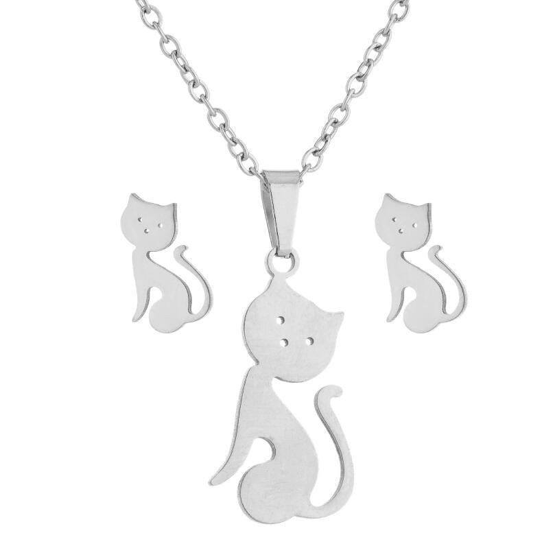 New Stainless Steel Geometric Ear Studs Collarbone Necklace Set - FASHIONKULTUR
