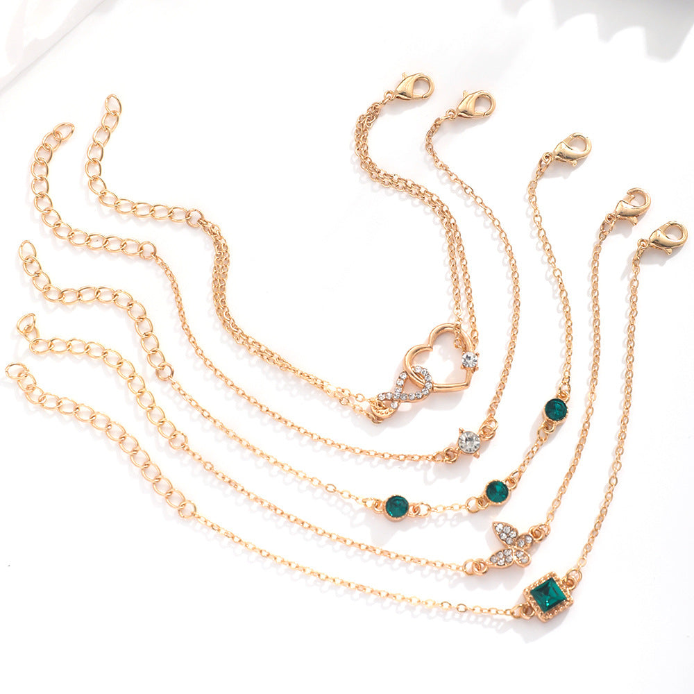 Bohemian 5pc Green Crystal Bracelets Jewelry Set For Women Heart Bracelet Wedding Engagement Bracelet Fashion Jewelry - FASHIONKULTUR