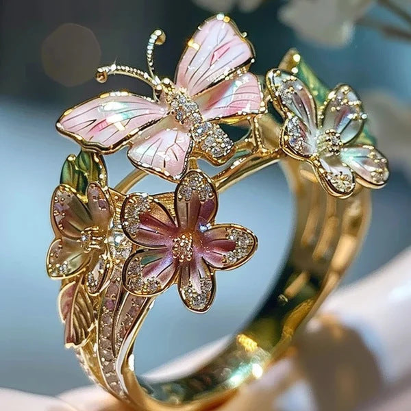 Adjustable Elegant Transparent Crystal 3D Shining Diamond Drop Oil Butterfly Flower Ring - FASHIONKULTUR