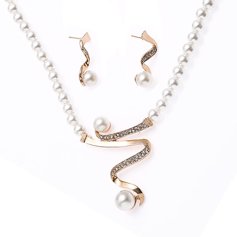 Fashion Pearl Diamond-studded Necklace Earrings Pendant 2-piece Set - FASHIONKULTUR