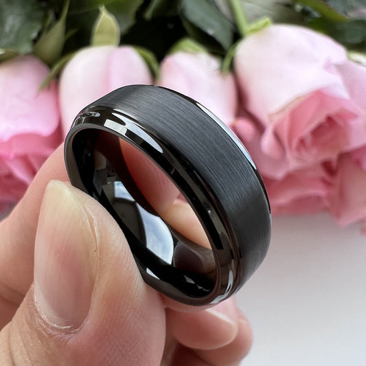 Tungsten Steel Black Plated Chamfered Step Sand Ring - FASHIONKULTUR