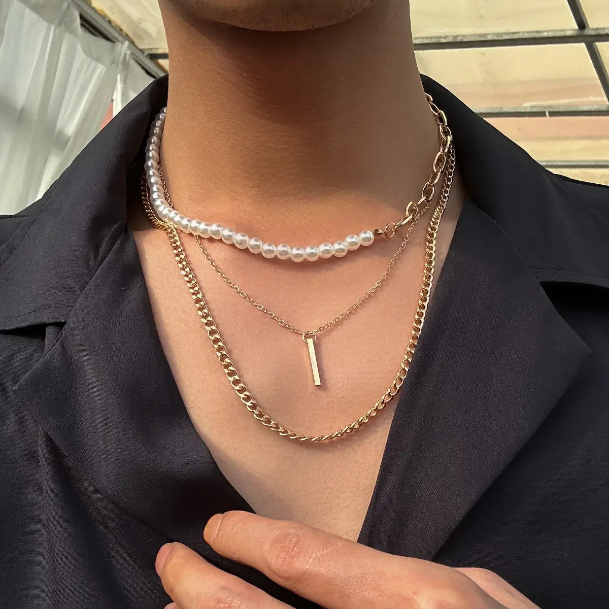 Ancient Geometric Pendant Necklace for Men with Half-Pearl Chain Choker - FASHIONKULTUR
