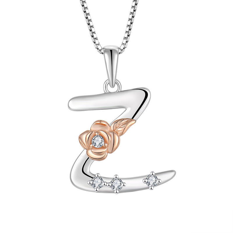 925 Sterling Silver Necklace Jewellery Female Collarbone Chain Hundred With English 26 Letters Zircon Pendant - FASHIONKULTUR