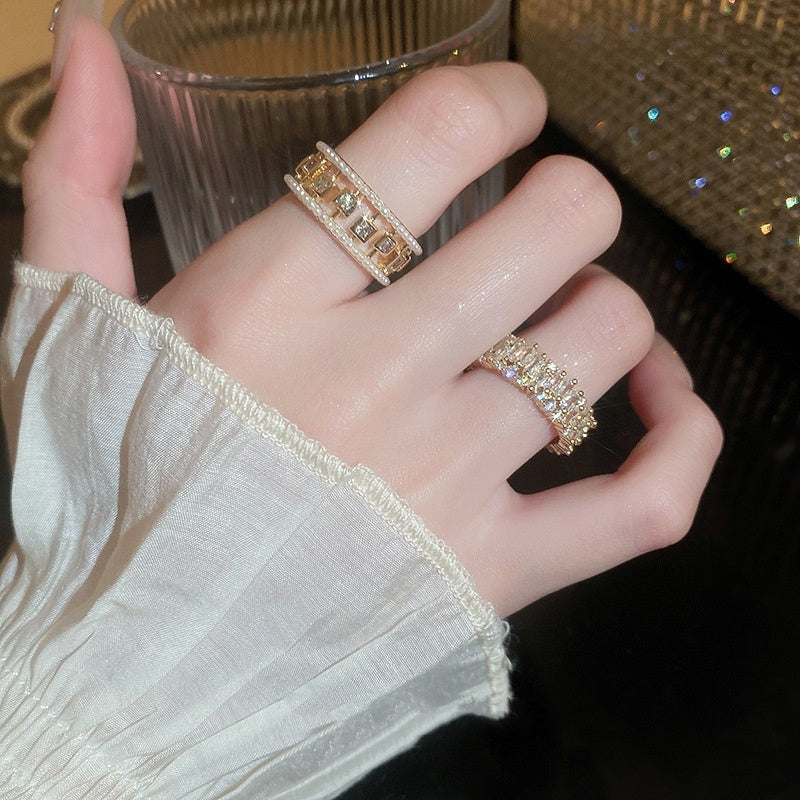 Pearl Hollowed-out Square Open-end Zircon Ring European And American Fashion Ring Female Jewelry - FASHIONKULTUR