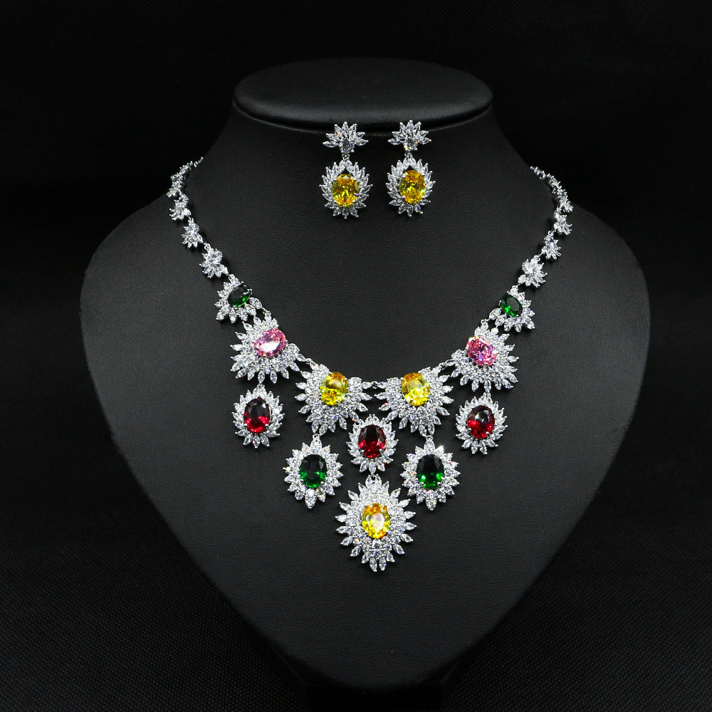 Jewelry Colorful Zircon Earrings Necklace Set Bridal Wedding Jewelry Accessories - FASHIONKULTUR