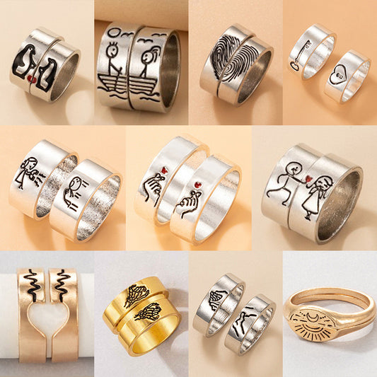Cartoon Love Pair Ring Set With Geometric Letters - FASHIONKULTUR