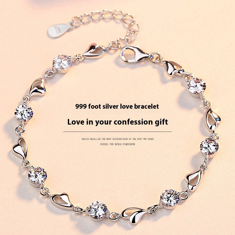 S999 Pure Silver Love Heart Simple Personality Mori Style Student Couples Bracelet - FASHIONKULTUR
