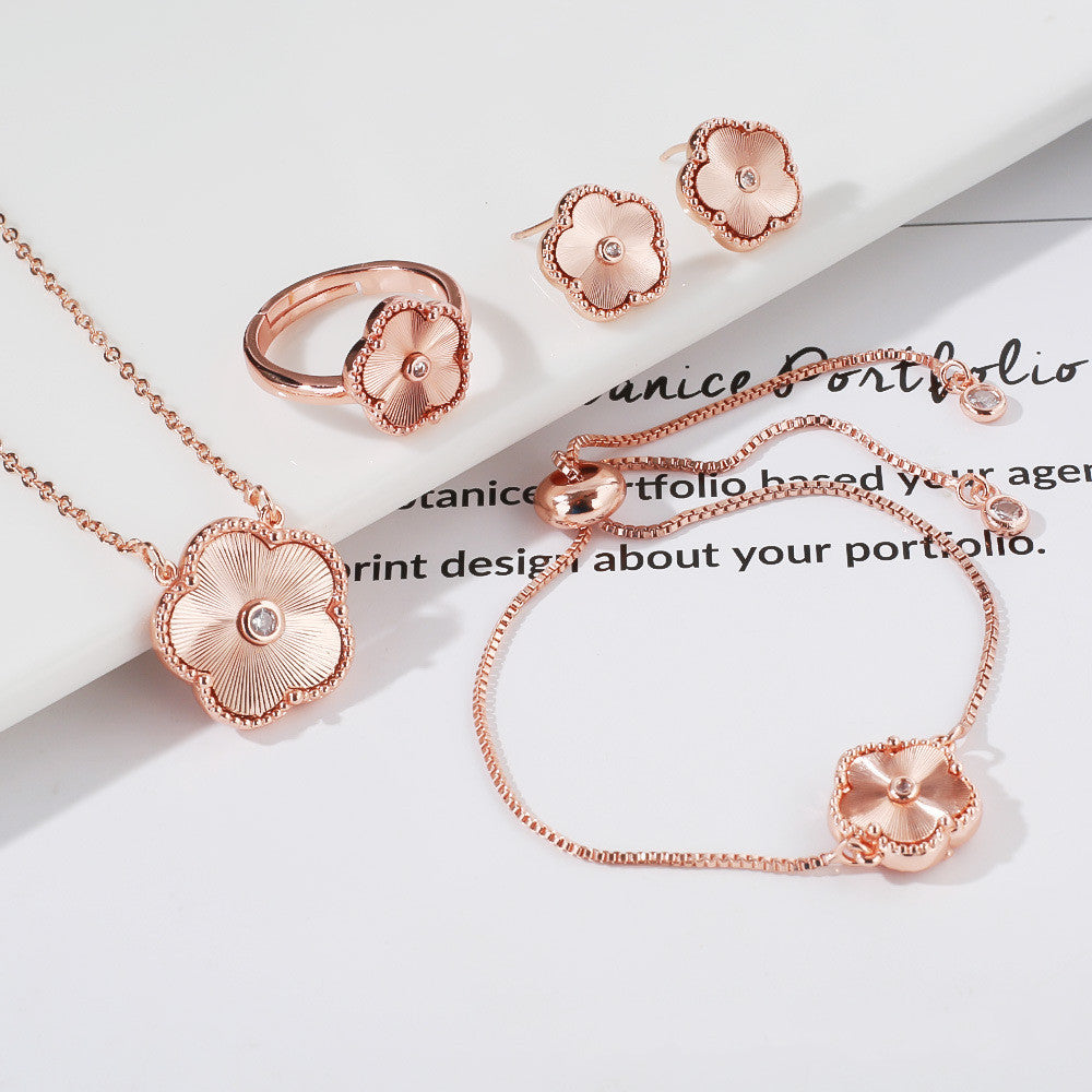 Gold Flower Bracelet Ring Earrings Women's Jewelry Set - FASHIONKULTUR
