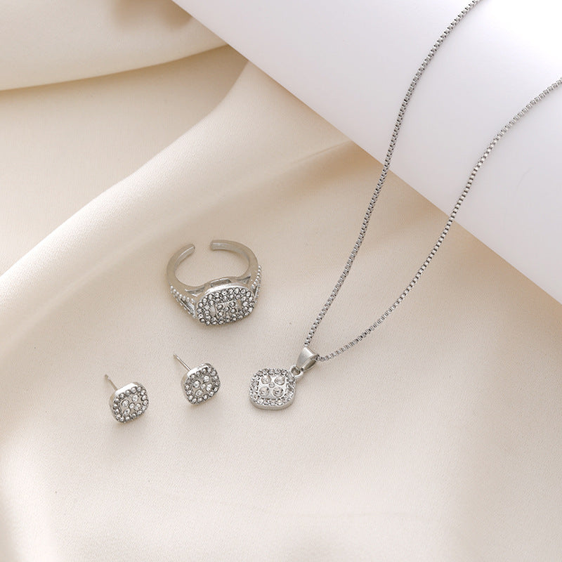 Diamond Geometric Necklace Ring Earrings 3-piece Set - FASHIONKULTUR