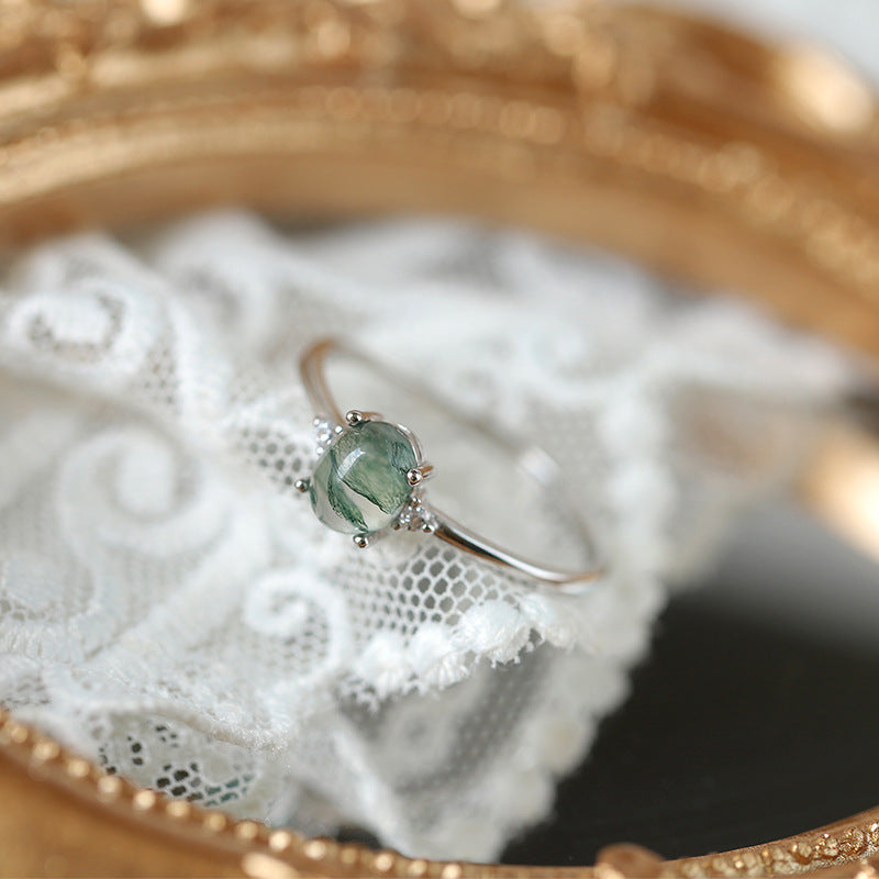 S925 Silver Green Moss Ring Water Plants Agate Female Finger Ring - FASHIONKULTUR