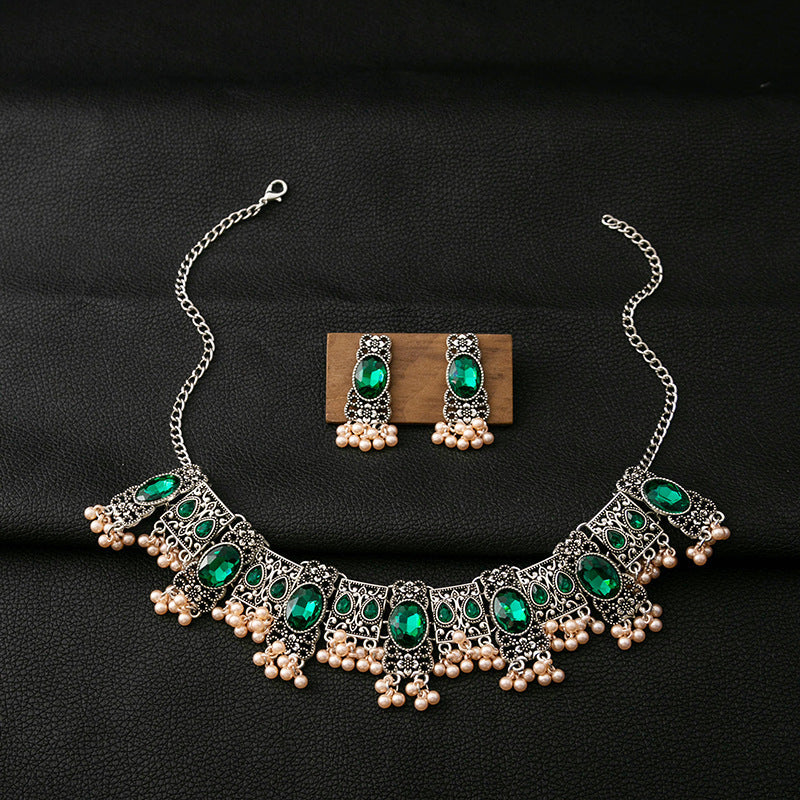 Vintage Emerald Earrings Ethnic Style Square Tassel Bead Pendant Jewelry Suit - FASHIONKULTUR