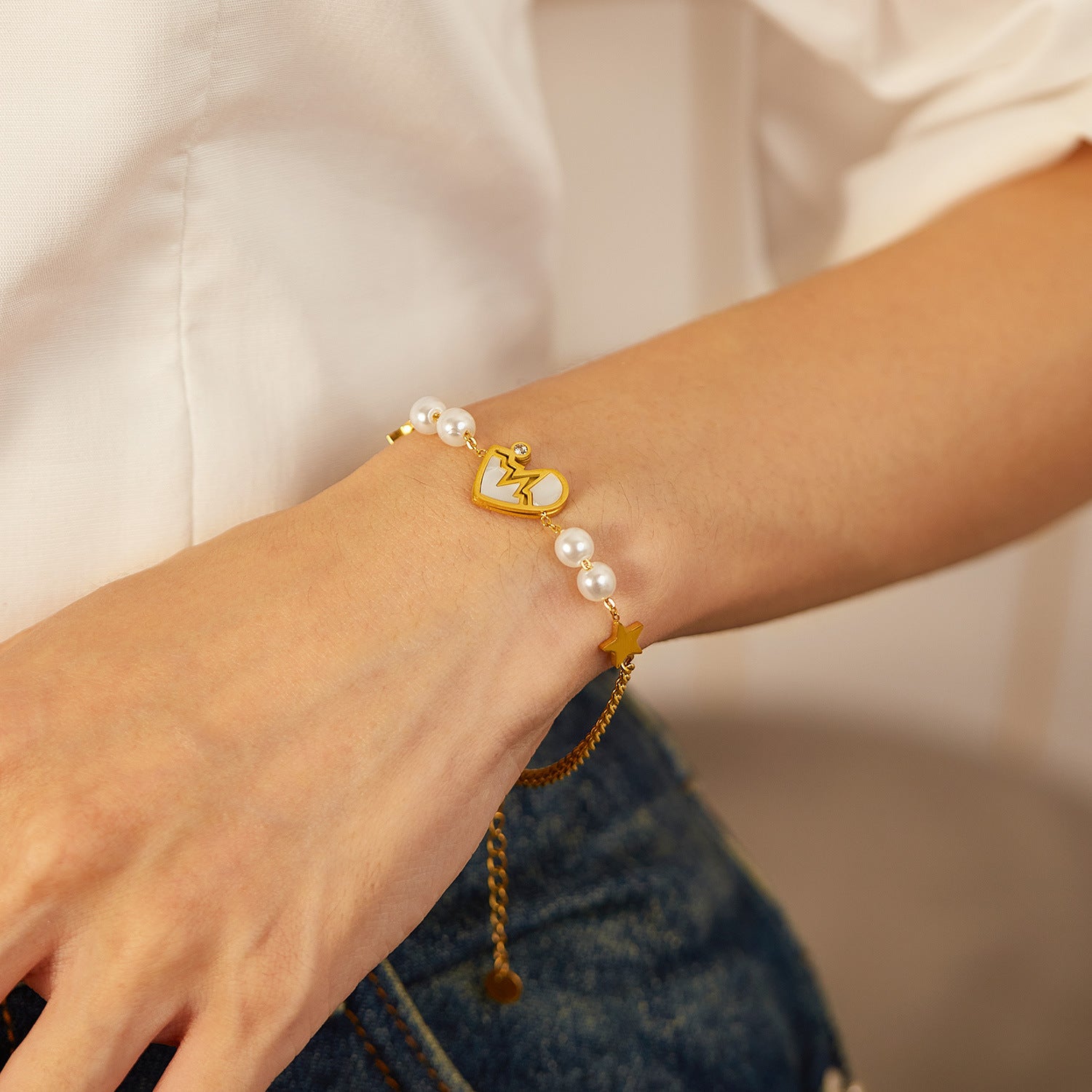 Fashion Simple Five-pointed Star Stainless Steel Heartbeat Pearl Bracelet - FASHIONKULTUR