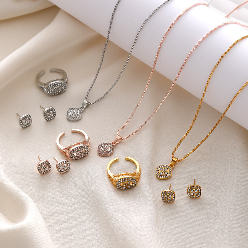 Diamond Geometric Necklace Ring Earrings 3-piece Set - FASHIONKULTUR