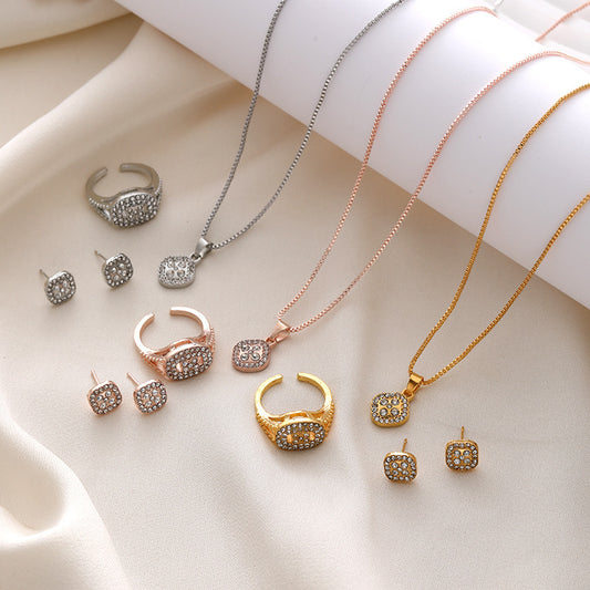 Diamond Geometric Necklace Ring Earrings 3-piece Set - FASHIONKULTUR