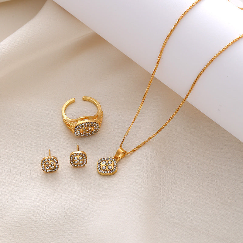 Diamond Geometric Necklace Ring Earrings 3-piece Set - FASHIONKULTUR