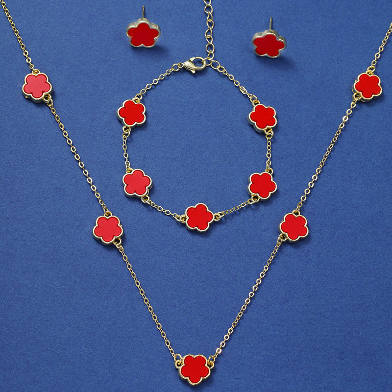 Lucky Five Petal Flower Ear Stud Necklace Bracelet Three-piece Set - FASHIONKULTUR