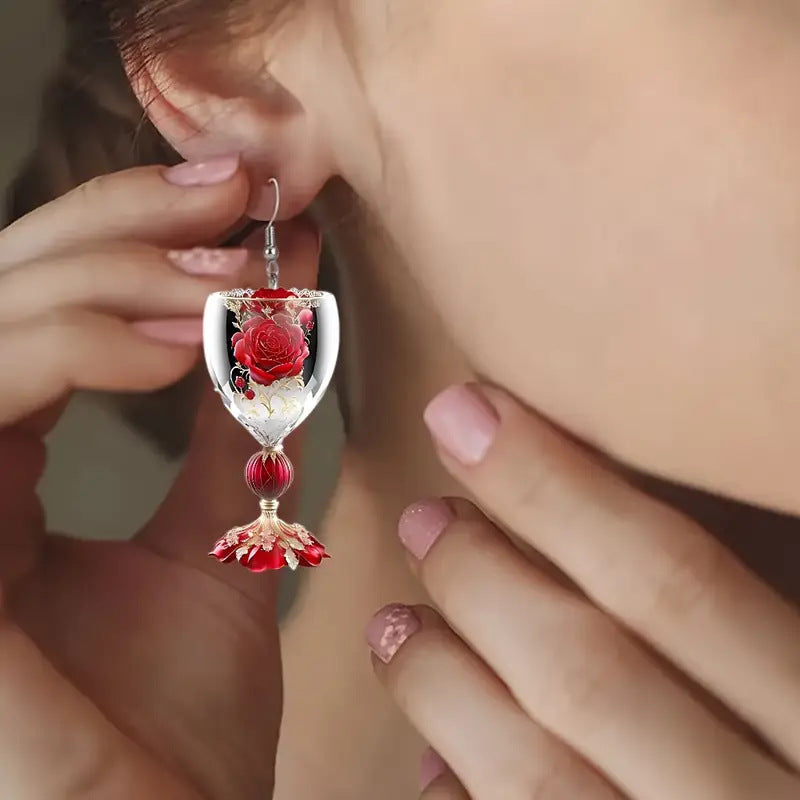 Valentine's Day Rose Wine Glass Acrylic Earrings - FASHIONKULTUR