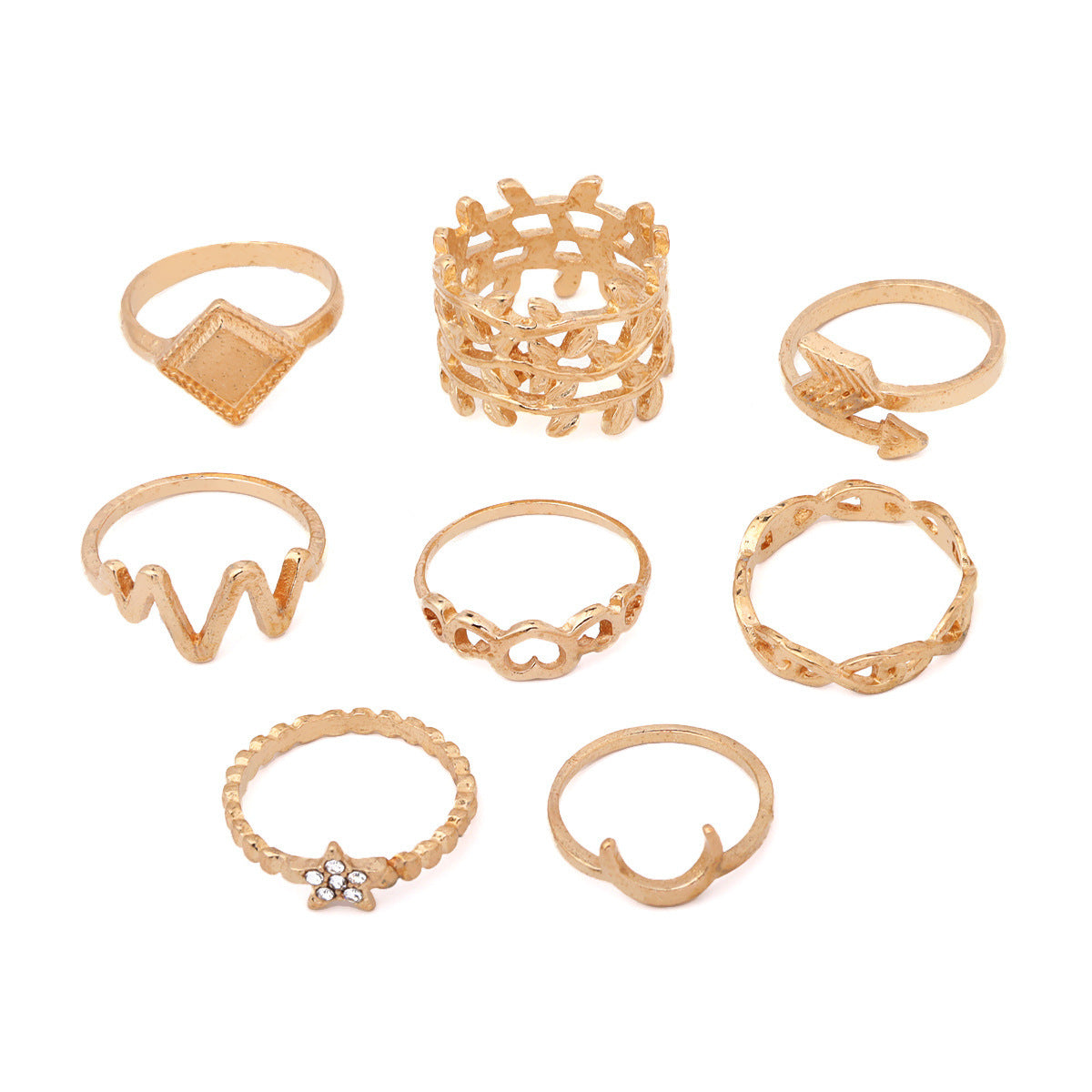 ECG Hollow Heart Star Moon Boat Anchor Square 8-piece Ring Set - FASHIONKULTUR