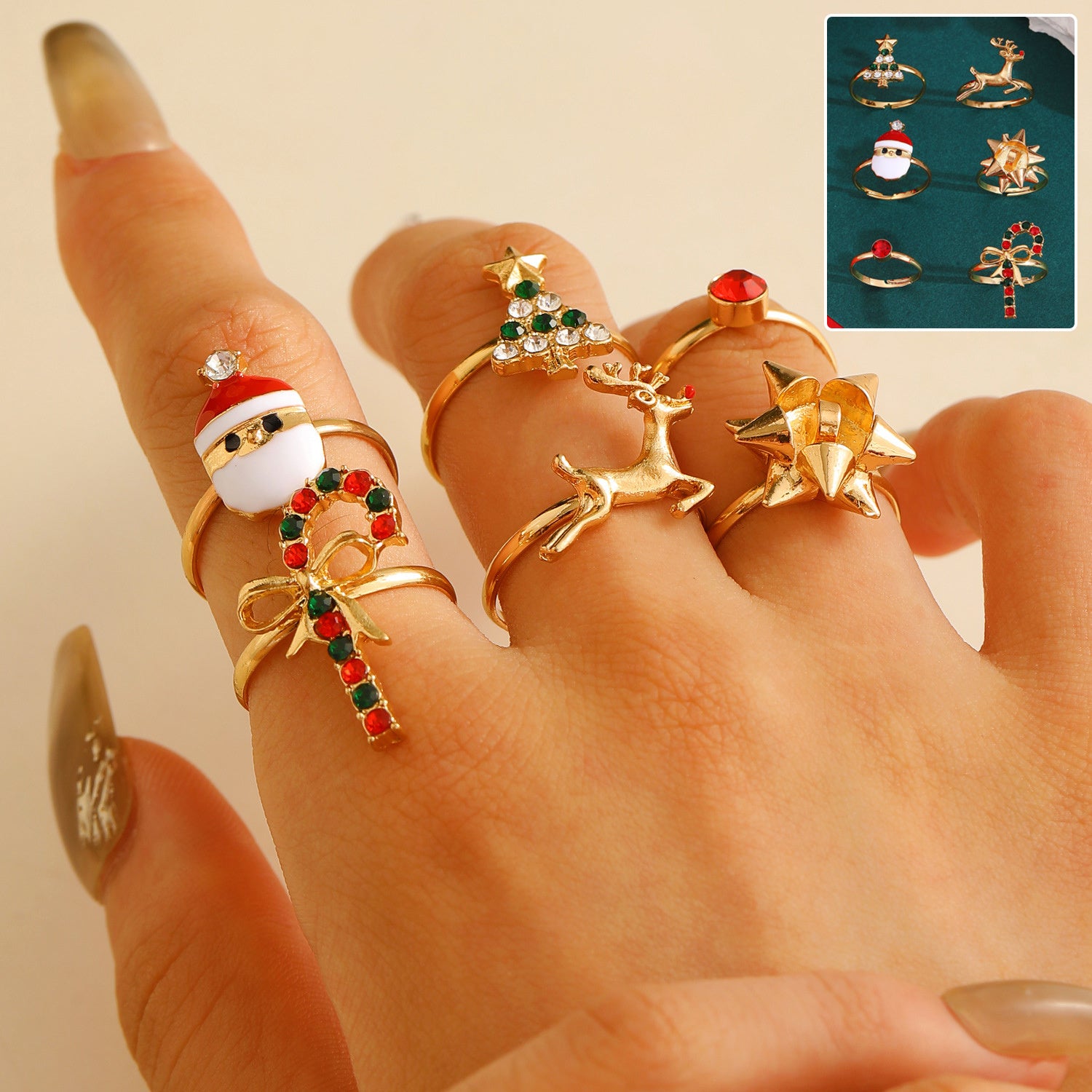 6pcs Santa Claus Christmas Tree Elk Rings Cute Cartoon Christmas Open Adjustable Ring Oil Drop Jewelry - FASHIONKULTUR