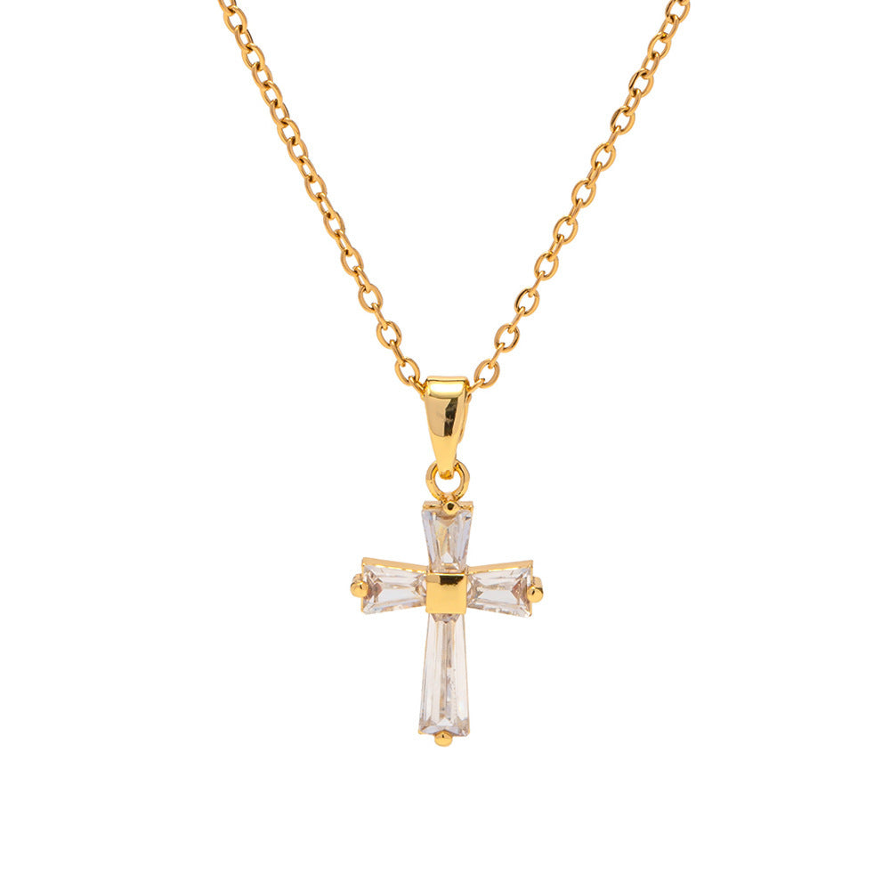 European And American Ins Style 18K Gold Stainless Steel Inlaid White Zircon Square Geometric Pendant Necklace - FASHIONKULTUR