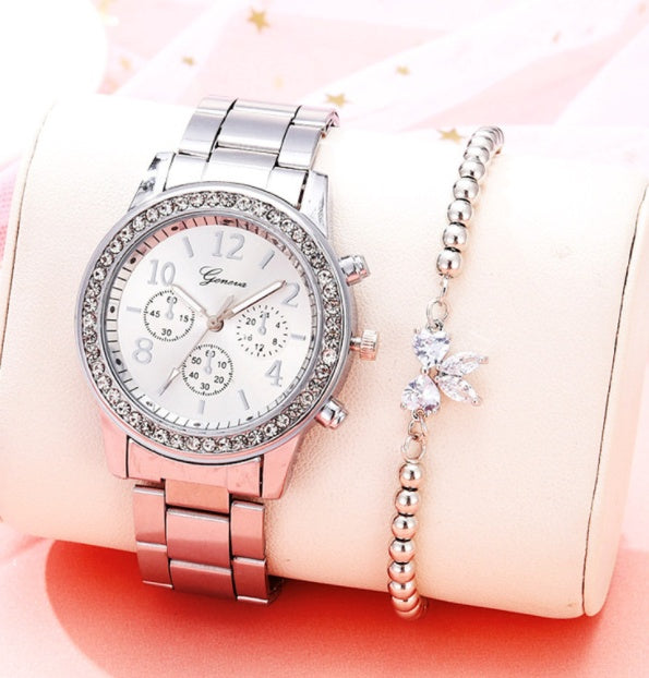 Diamond bracelet watch stainless steel belt watch Geneva alloy watch - FASHIONKULTUR