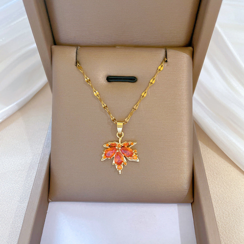 Red Maple Leaf Light Luxury Bone Chain Titanium Steel Necklace - FASHIONKULTUR