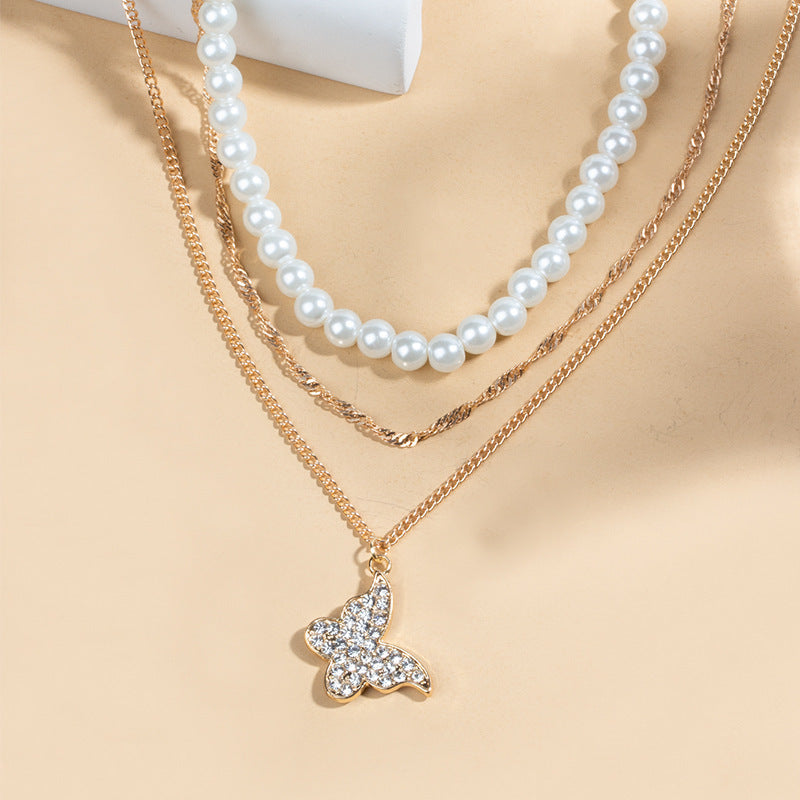 Exquisite Butterfly Multi-layer Pearl Pendant Necklace Set Women Shining Temperament Girlfriend Party Gift Fashion Jewelry - FASHIONKULTUR