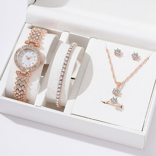 5pcsset Diamond Bracelet Necklace Stud Ring Watch Jewelry Set - FASHIONKULTUR