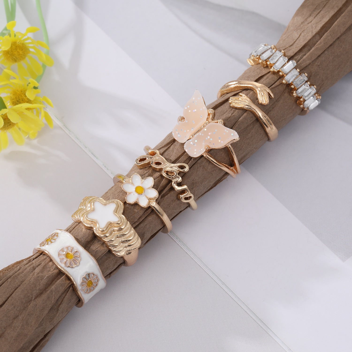New Butterfly Star Diamond Daisy Flower Oil Drip Ring Set - FASHIONKULTUR