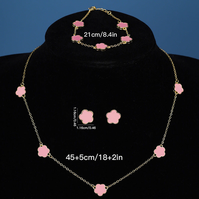 Lucky Five Petal Flower Ear Stud Necklace Bracelet Three-piece Set - FASHIONKULTUR