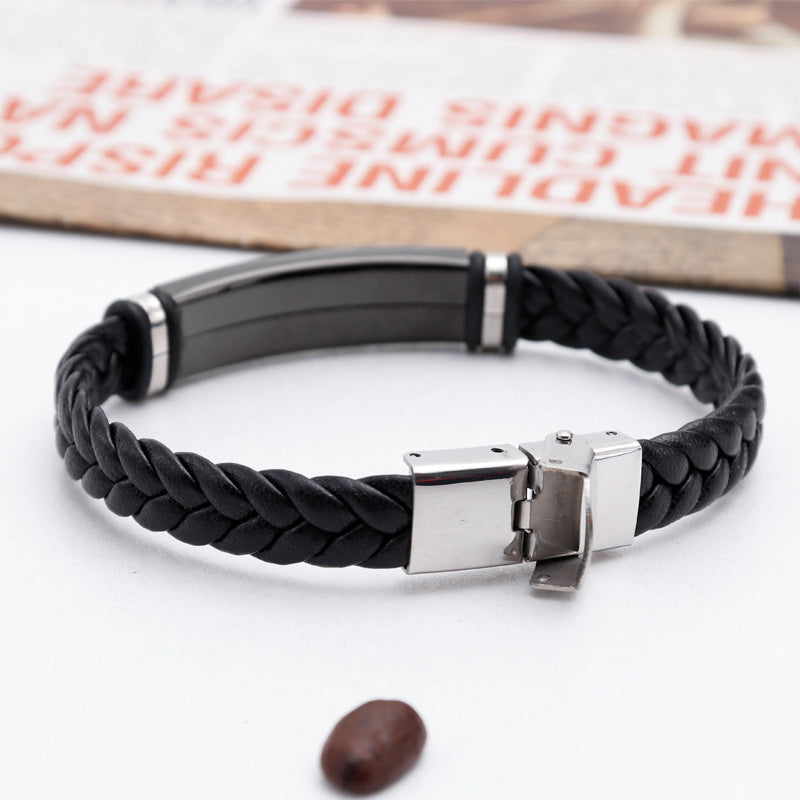 Men's Titanium Light Plate Lettering Stainless Steel Leather Braided Rope Bracelet - FASHIONKULTUR