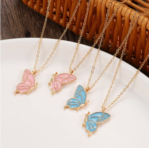 2pcs Oil Drip Butterfly Necklace Ins Creative Clavicle Chain Pendant Necklace For Women Valentine's Day Birthday Gift - FASHIONKULTUR