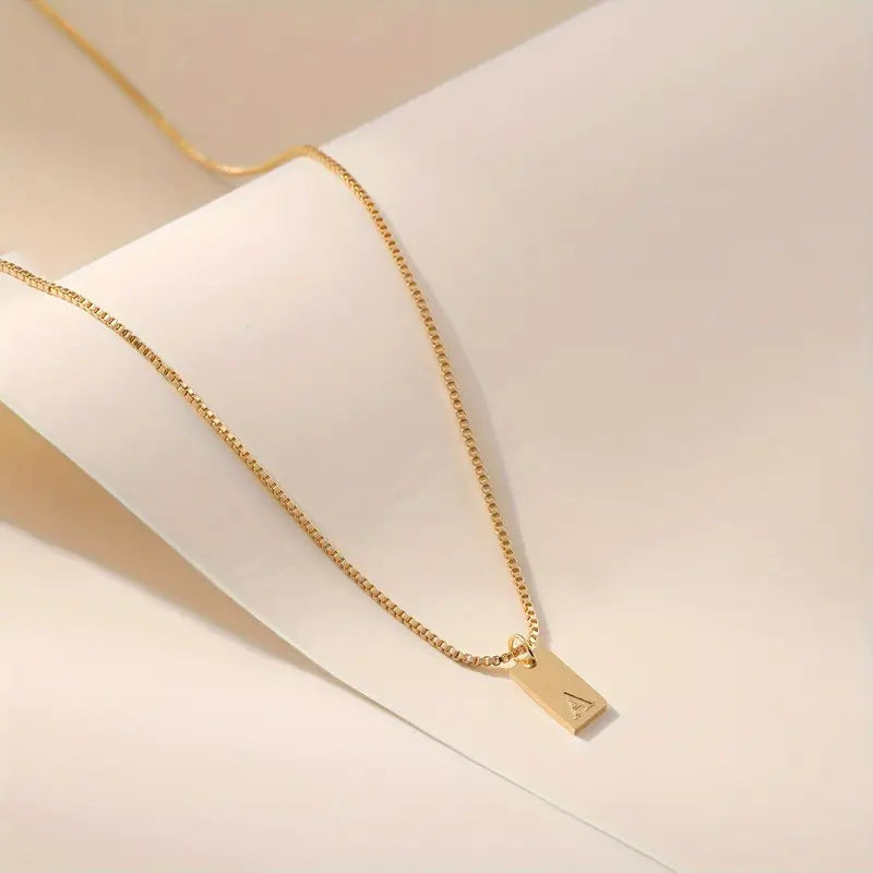 Stainless Steel Corrosion Carved 26 Letters Square Pendant Women's Necklace - FASHIONKULTUR
