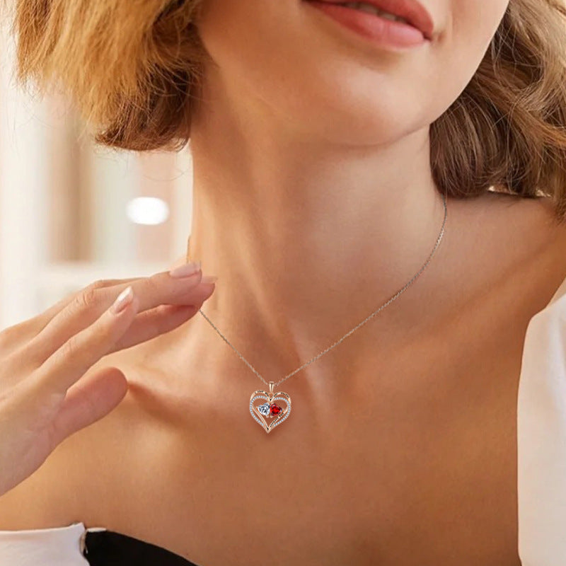 S925 Silver Double Love Necklace With Rhinestones Fashion Personality Heart-shaped Necklace Valentine's Day Gift - FASHIONKULTUR