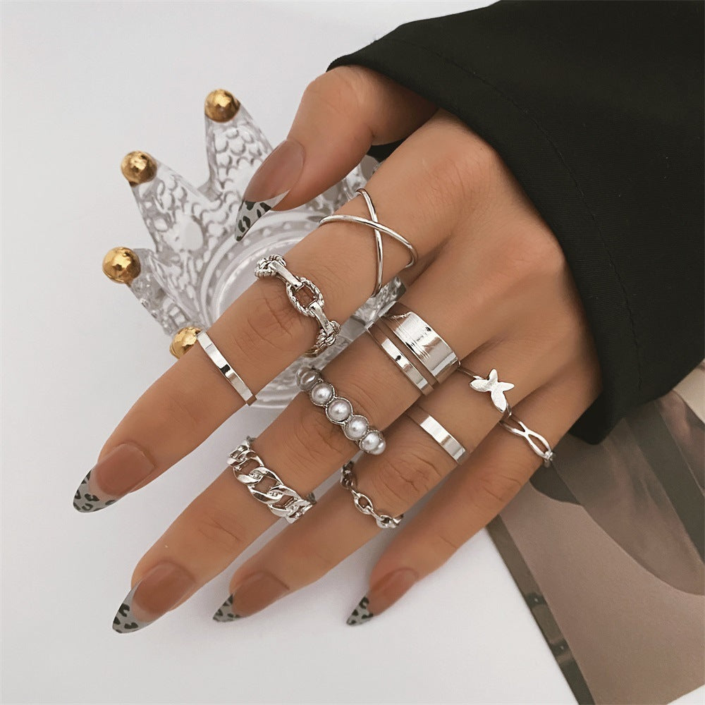 European And American Butterfly Pearl Ring 10-piece Metal Dripping Pearl Ring Wholesale - FASHIONKULTUR