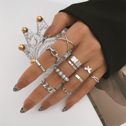European And American Butterfly Pearl Ring 10-piece Metal Dripping Pearl Ring Wholesale - FASHIONKULTUR