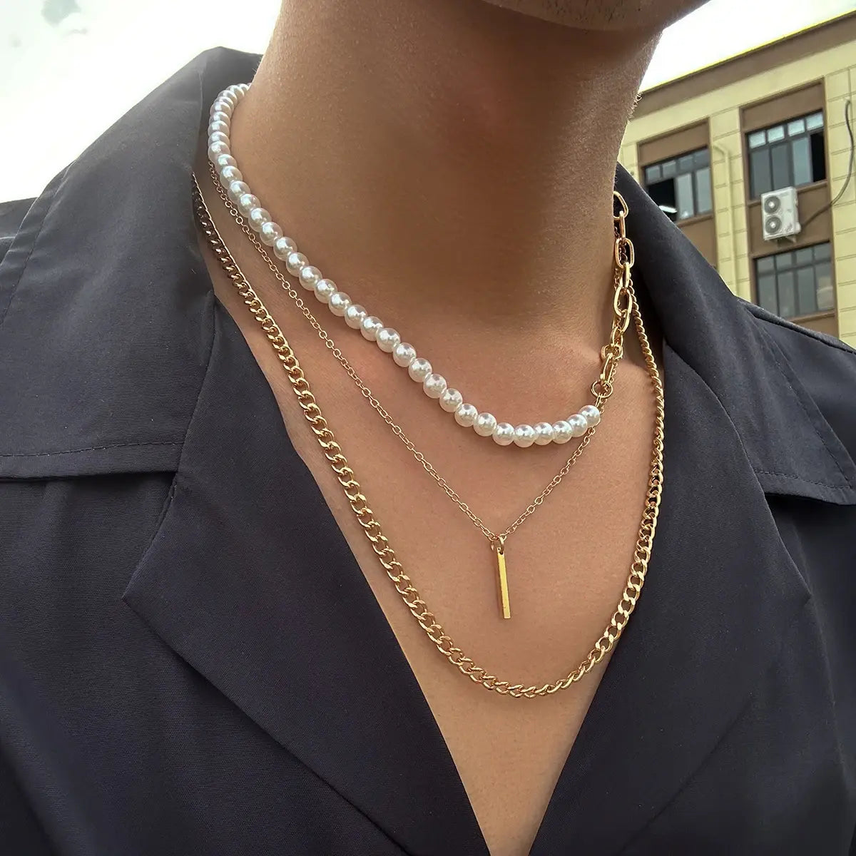 Ancient Geometric Pendant Necklace for Men with Half-Pearl Chain Choker - FASHIONKULTUR